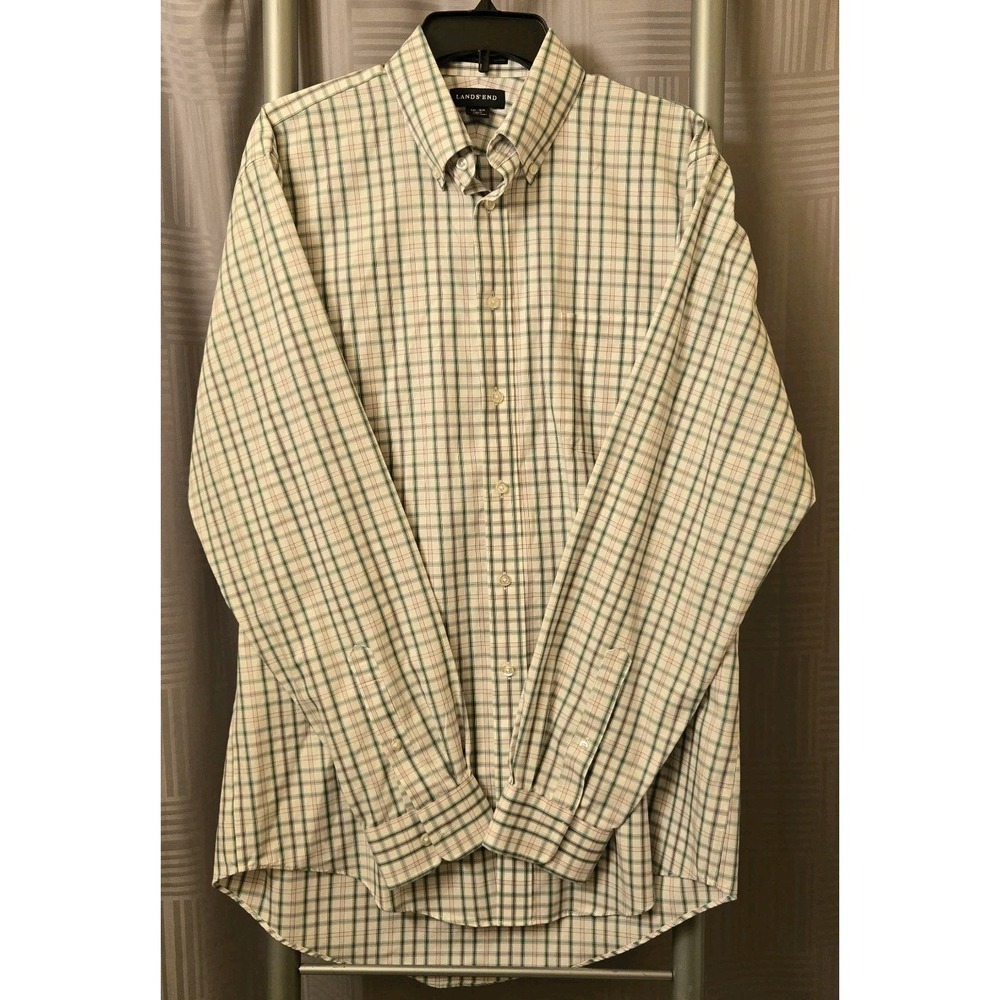 Lands End Green White Pink Pinpoint‎ Oxford Shirt 16 36 T Large Mens Traditional